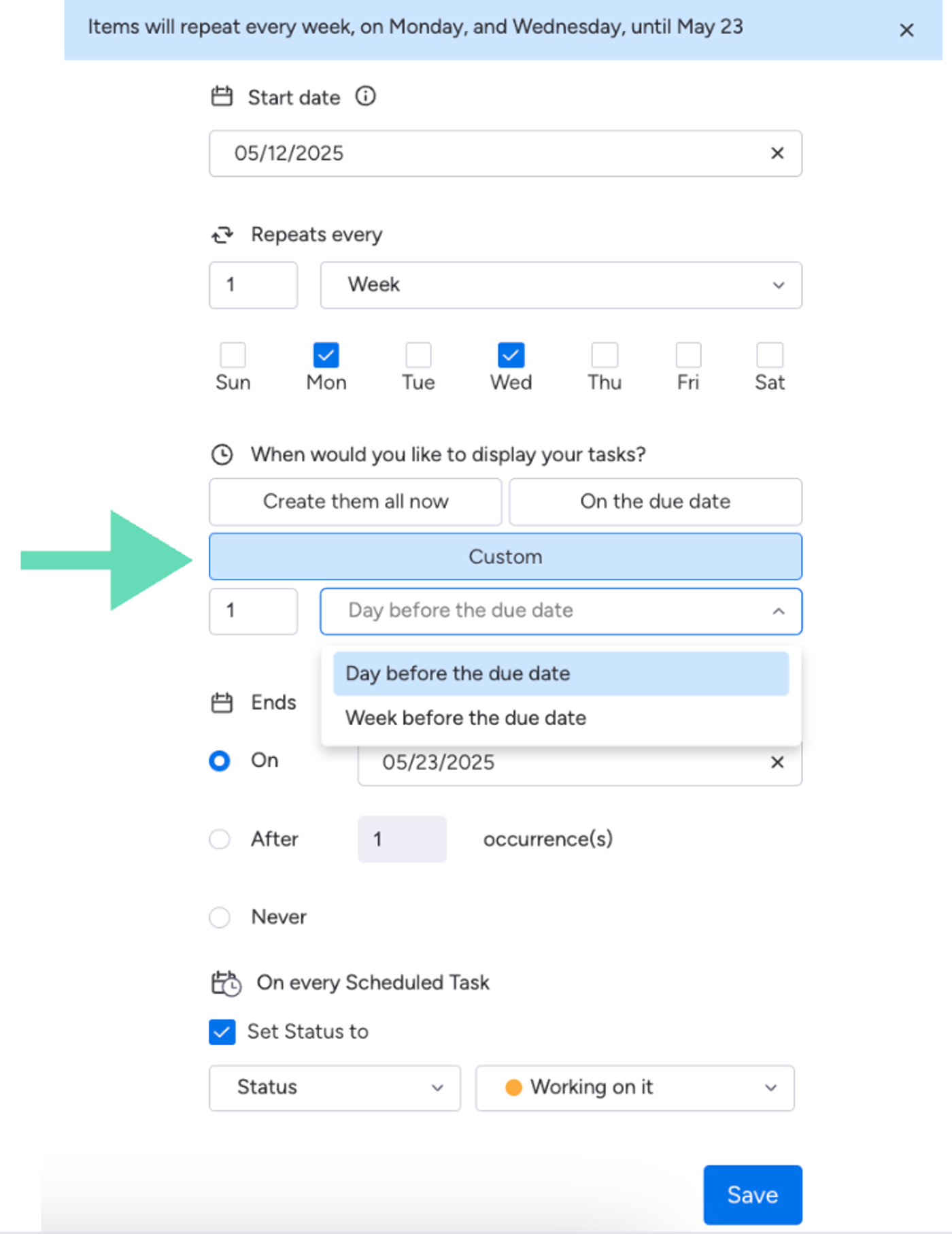 Recurring Tasks for monday.com screenshot of the Automatically Scheduling feature.