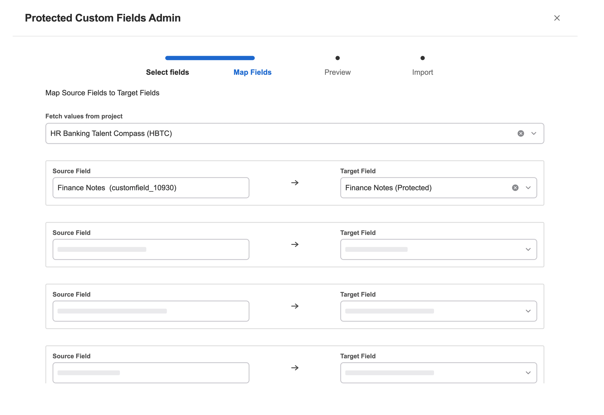 A screenshot of the Protected Custom Fields field mapping process during the import