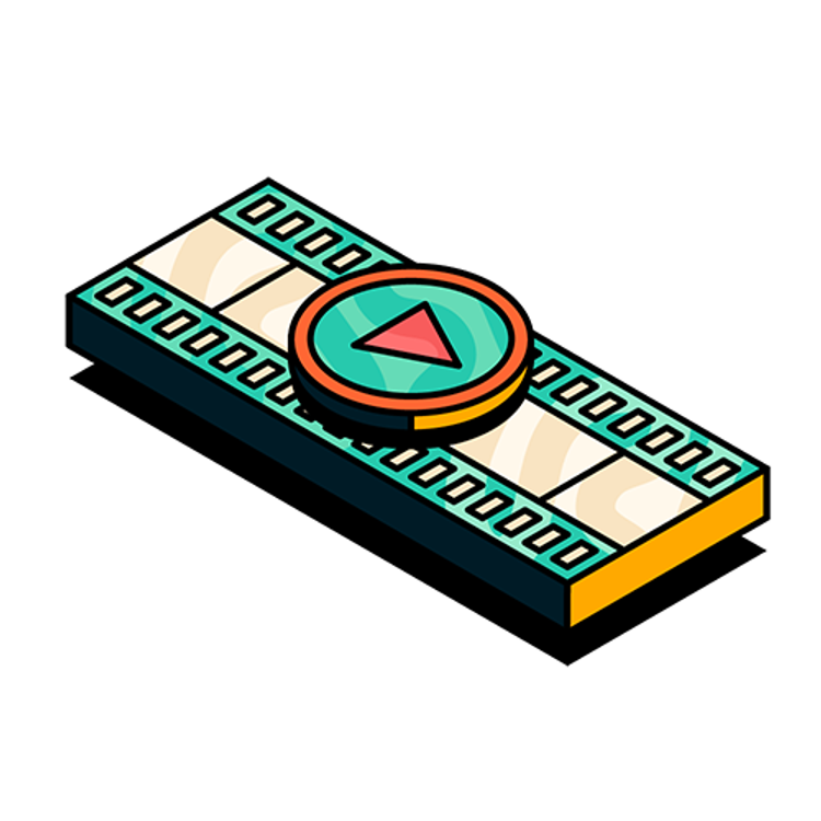 Illustration of film strip and play button in Upscale visual style