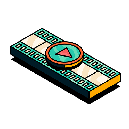 Illustration of film strip and play button in Upscale visual style
