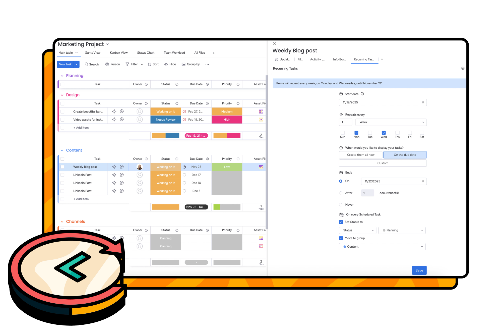 Screenshot showing Recurring Tasks for monday.com app.