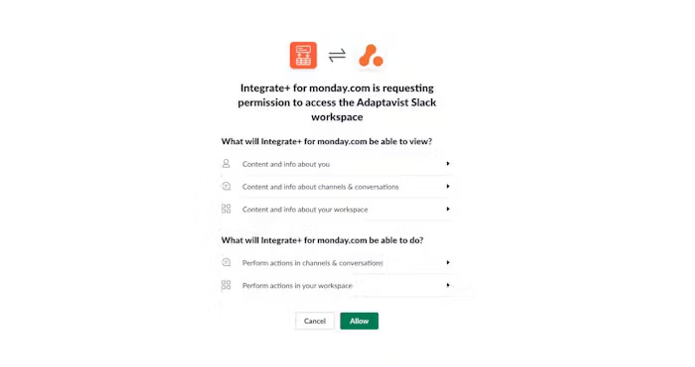 Screenshot showing step 2 of monday.com onboarding flow for Slack IntegratePlus.