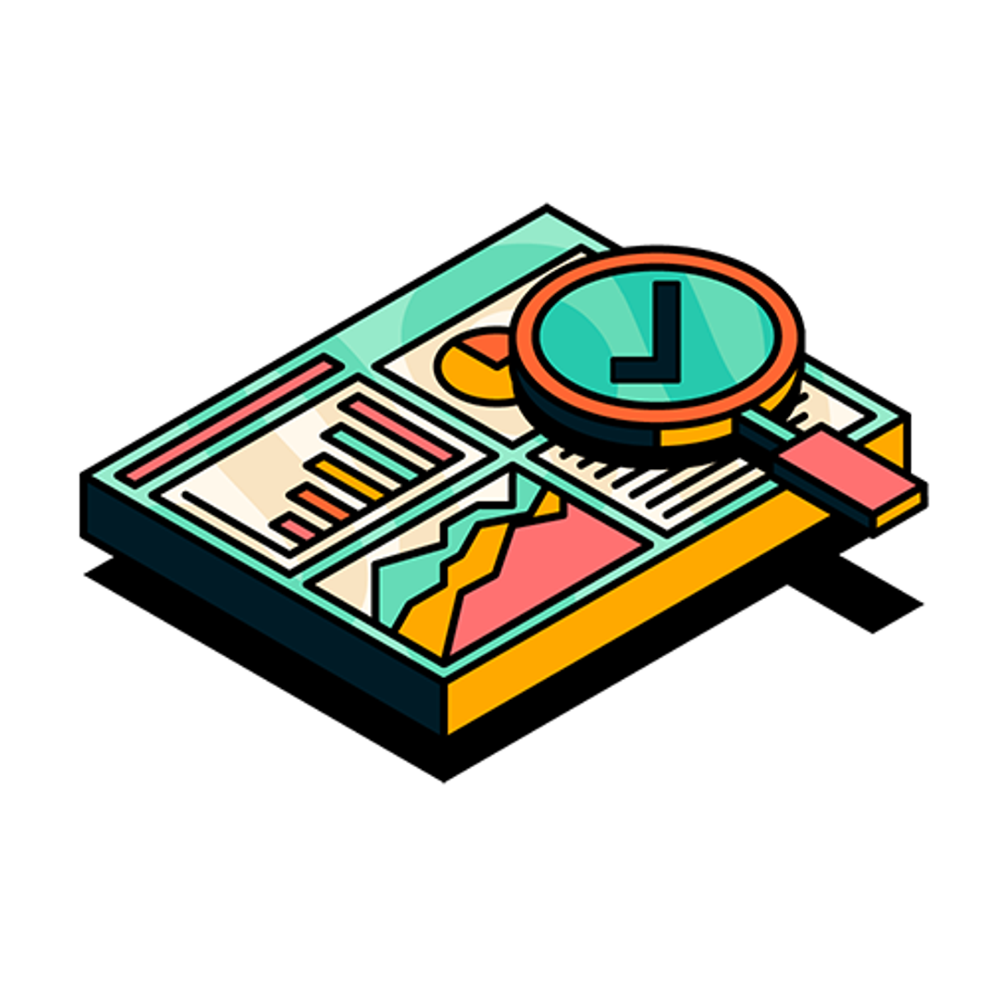 an illustration of reports with a magnifying glass