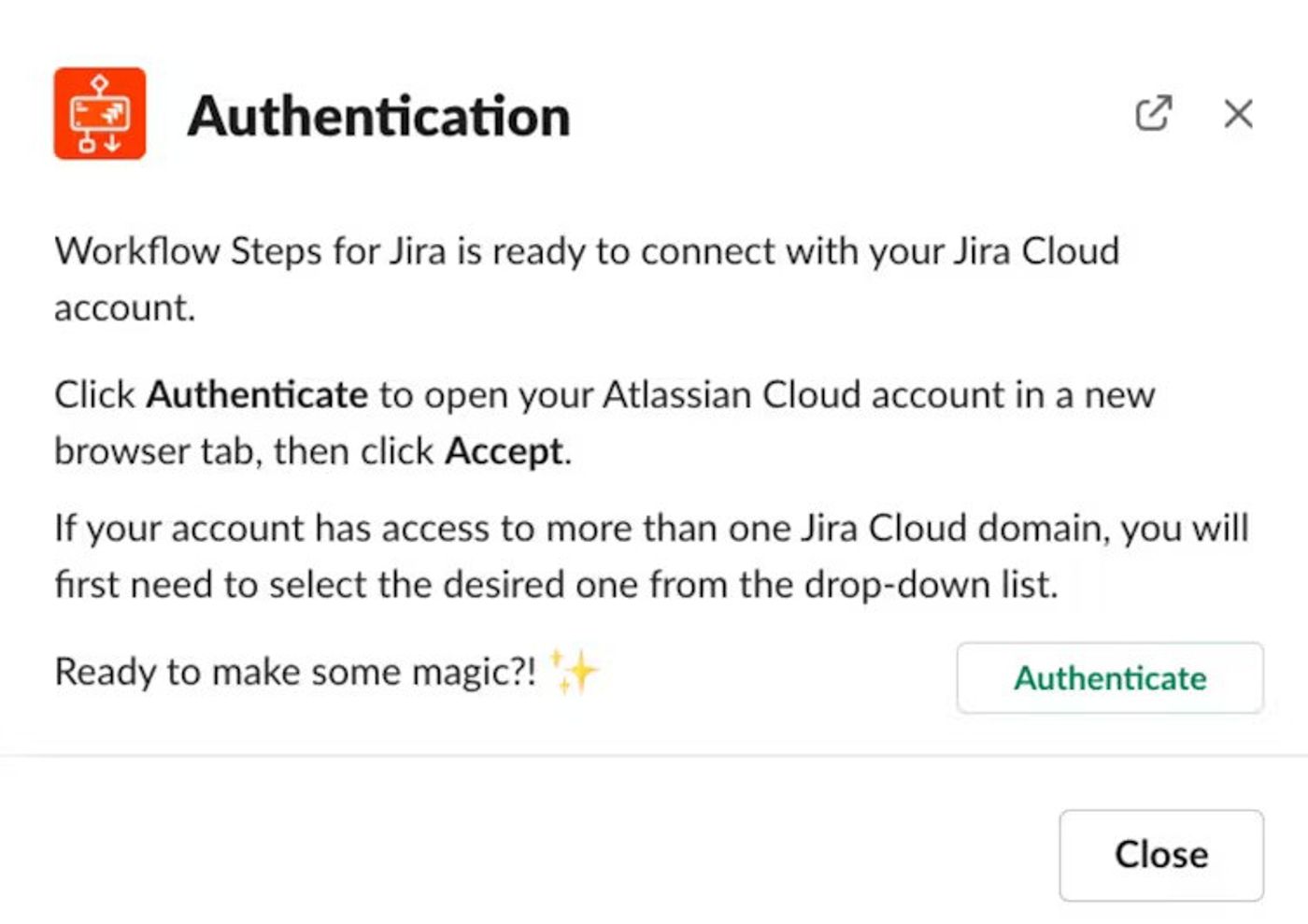 Screenshot showing how to authenticate a Jira instance in Slack.