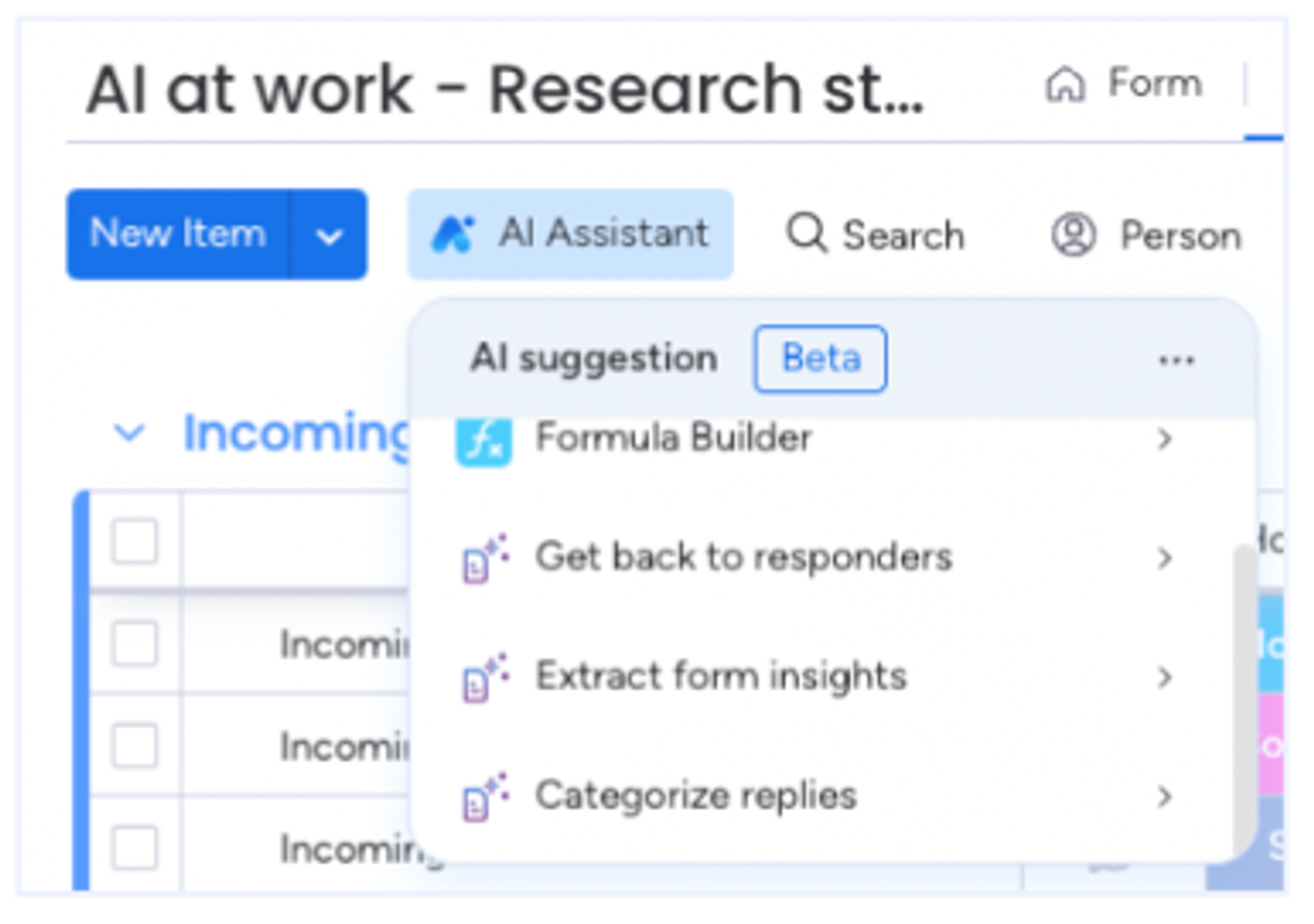 Screenshot showing how to access the AI Assistant in monday.com.