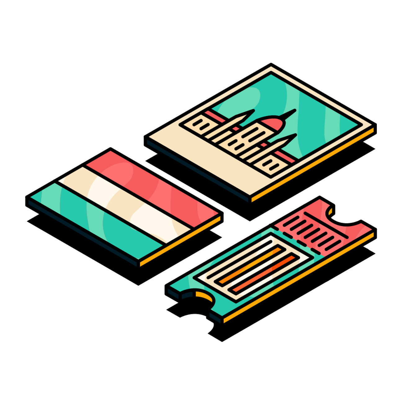 Event ticket, Hungarian flag and Budapest building in Upscale illustration style