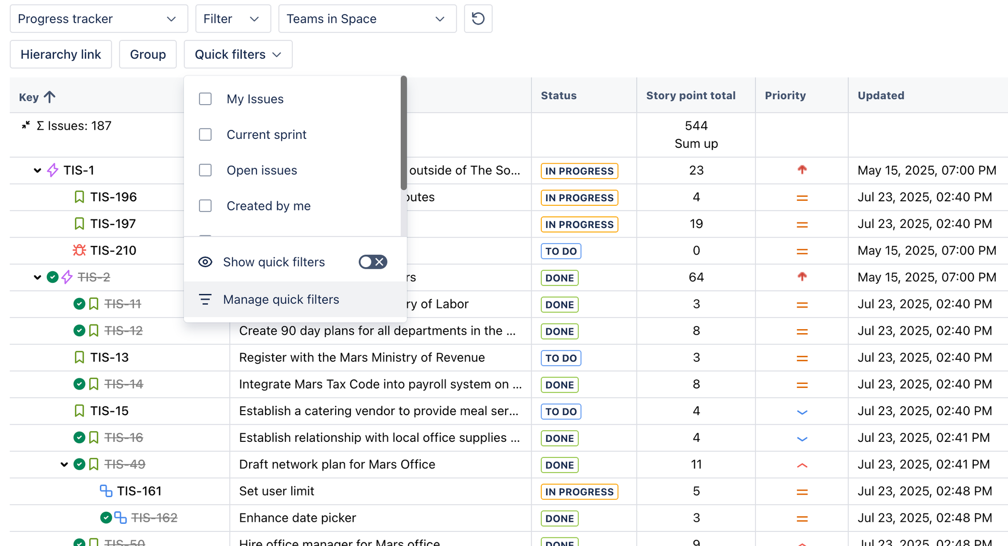 Quick Filters in Hierarchy for Jira