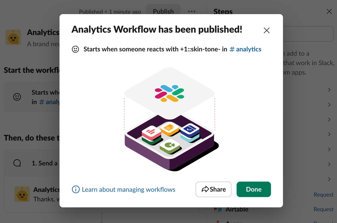 Screenshot showing the success message when you've published your workflow in Slack Workflow Builder.