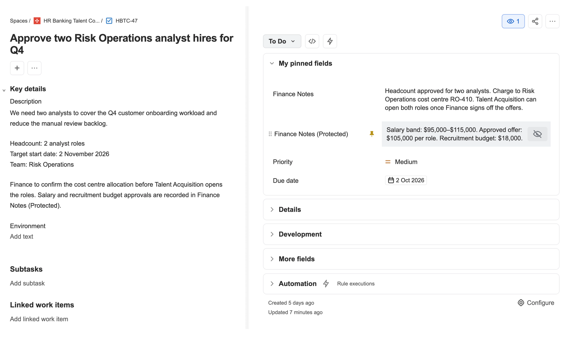 A screenshot of a Jira work item showing the way in which an authorised user can reveal a protected custom field