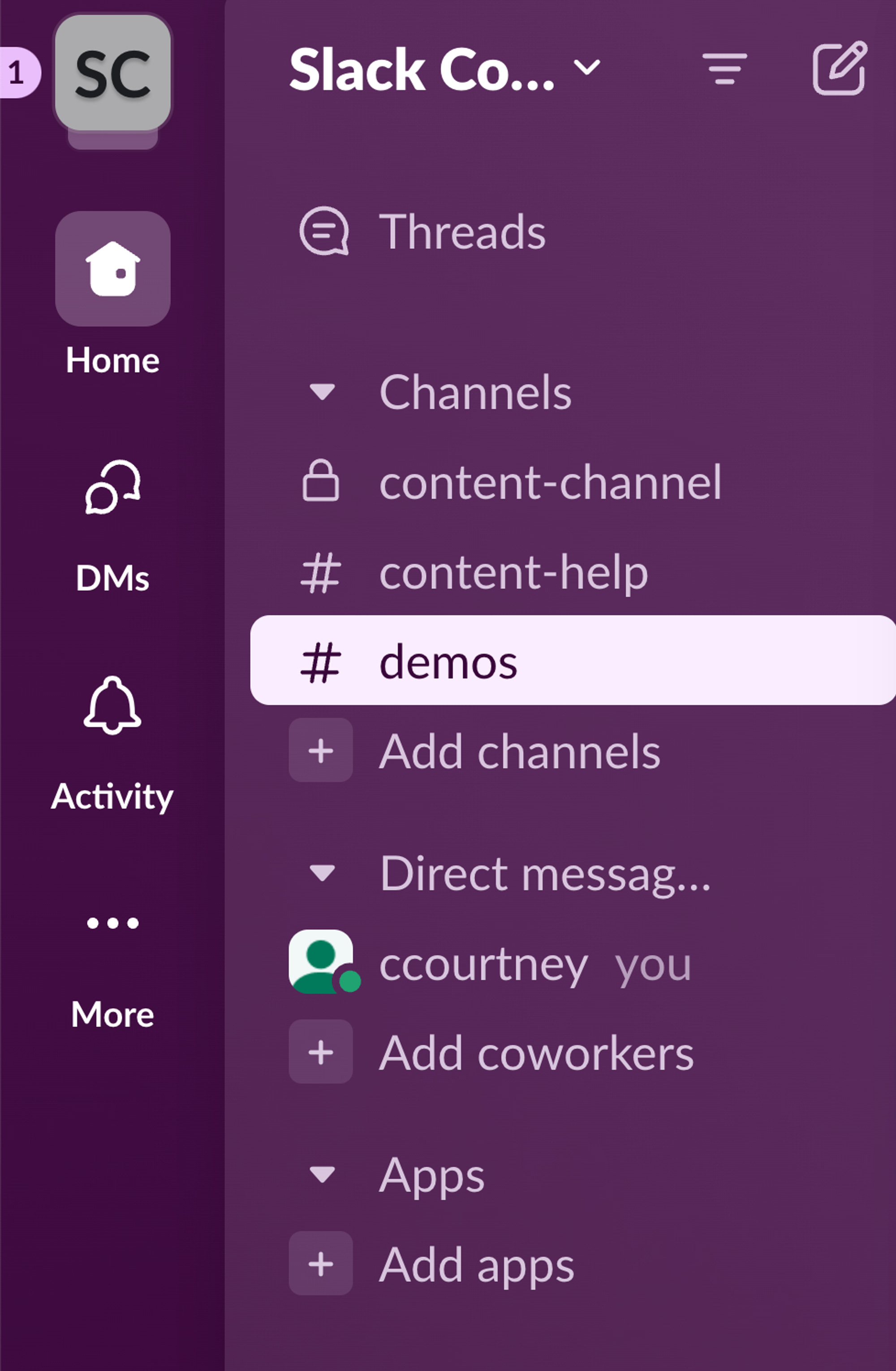 All the workspaces you've joined are located to the left of the desktop app; as you click on these, the channels available in each workspace will change.