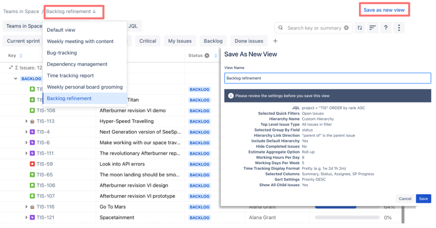 saved views in hierarchy for jira