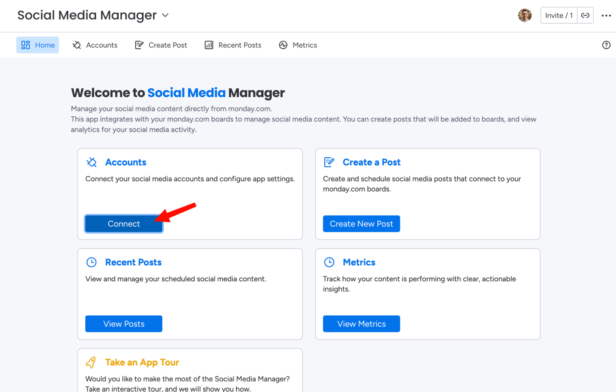 The Accounts screen in Social Media Manager showing the Connect New Account option with LinkedIn selected