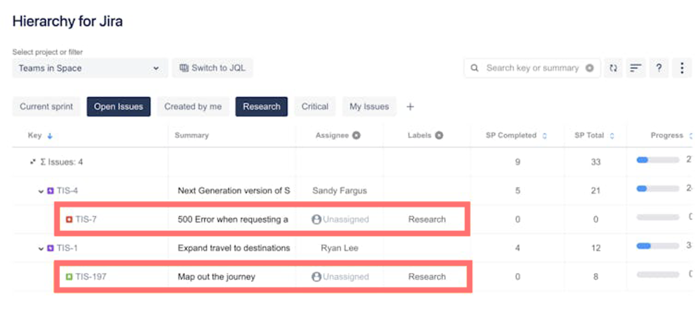 jira quick filter to show open issues with the research label