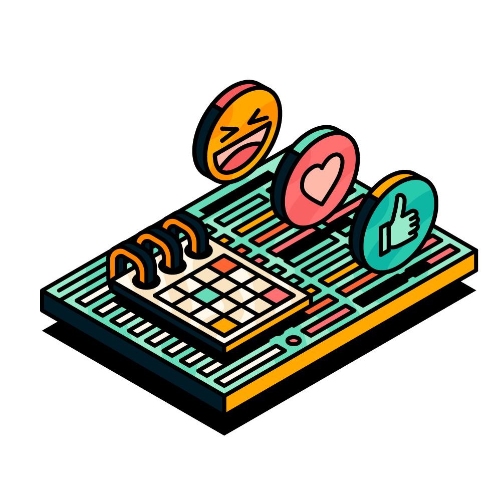 Illustration of a monday.com board with a calendar icon and social media engagement icons overlaid.