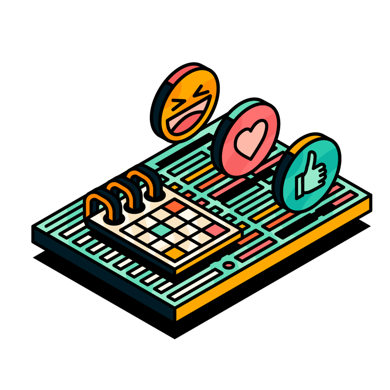 An illustration of a monday.com board with calendar and social media engagement icons.