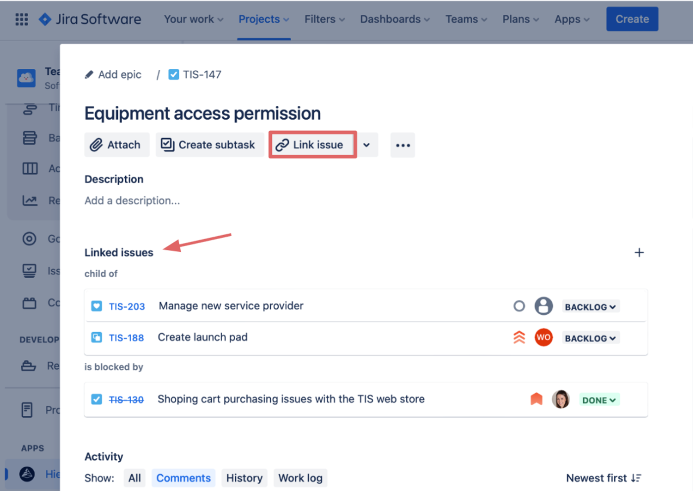 work item links in Jira
