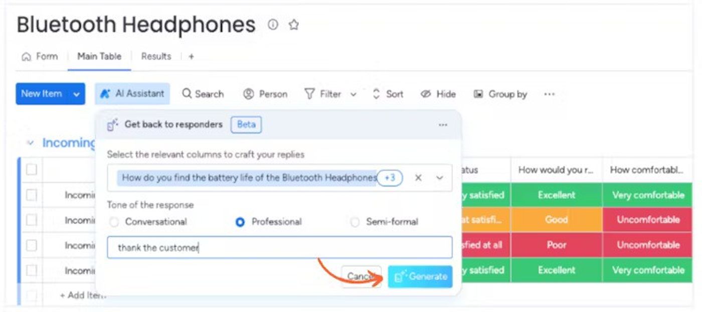 Screenshot showing how to complete the response generator by clicking the 'Generate' button in Smart Forms for monday.com.