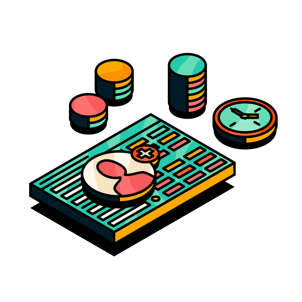 Illustration of a monday.com board with a people icon above it next to coins and a clock.