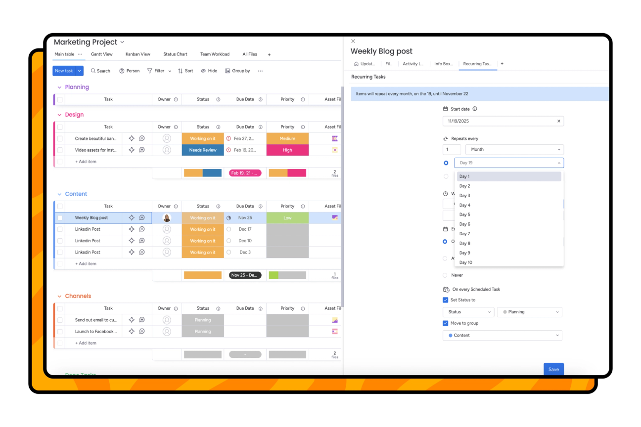 Screenshot showing how to create and edit a recurring task in monday.com.