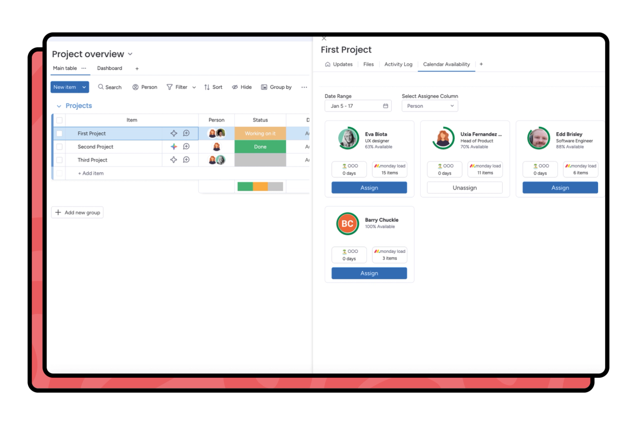 Calendar showing how to assign people
