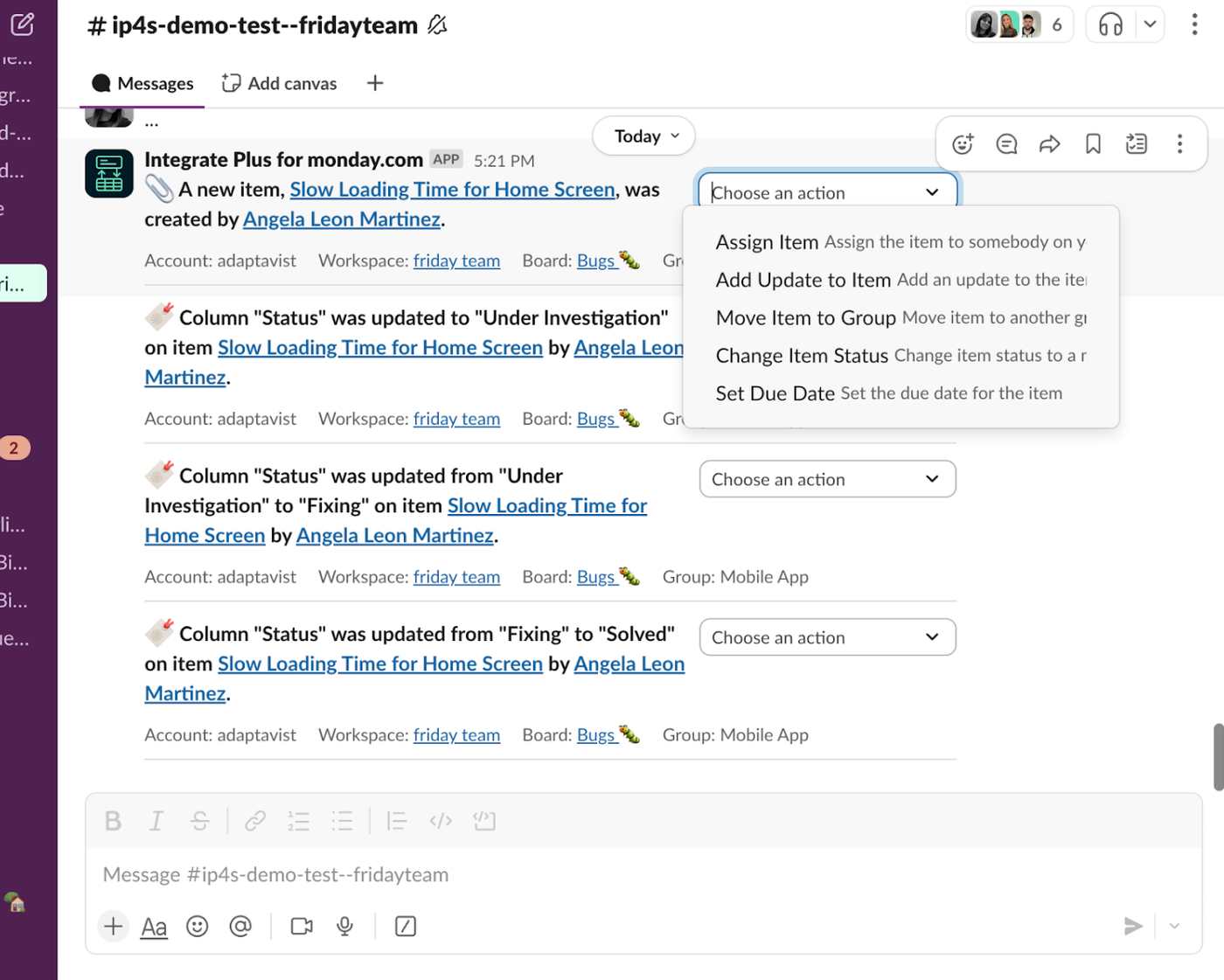 Screenshot showing how to use Integrate Plus for monday.com product management.