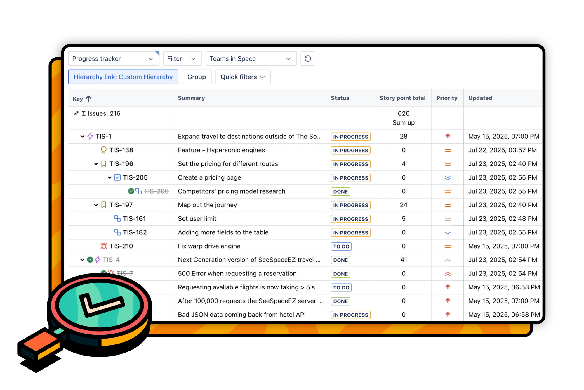 Hierarchy for Jira showing the tree view of a project