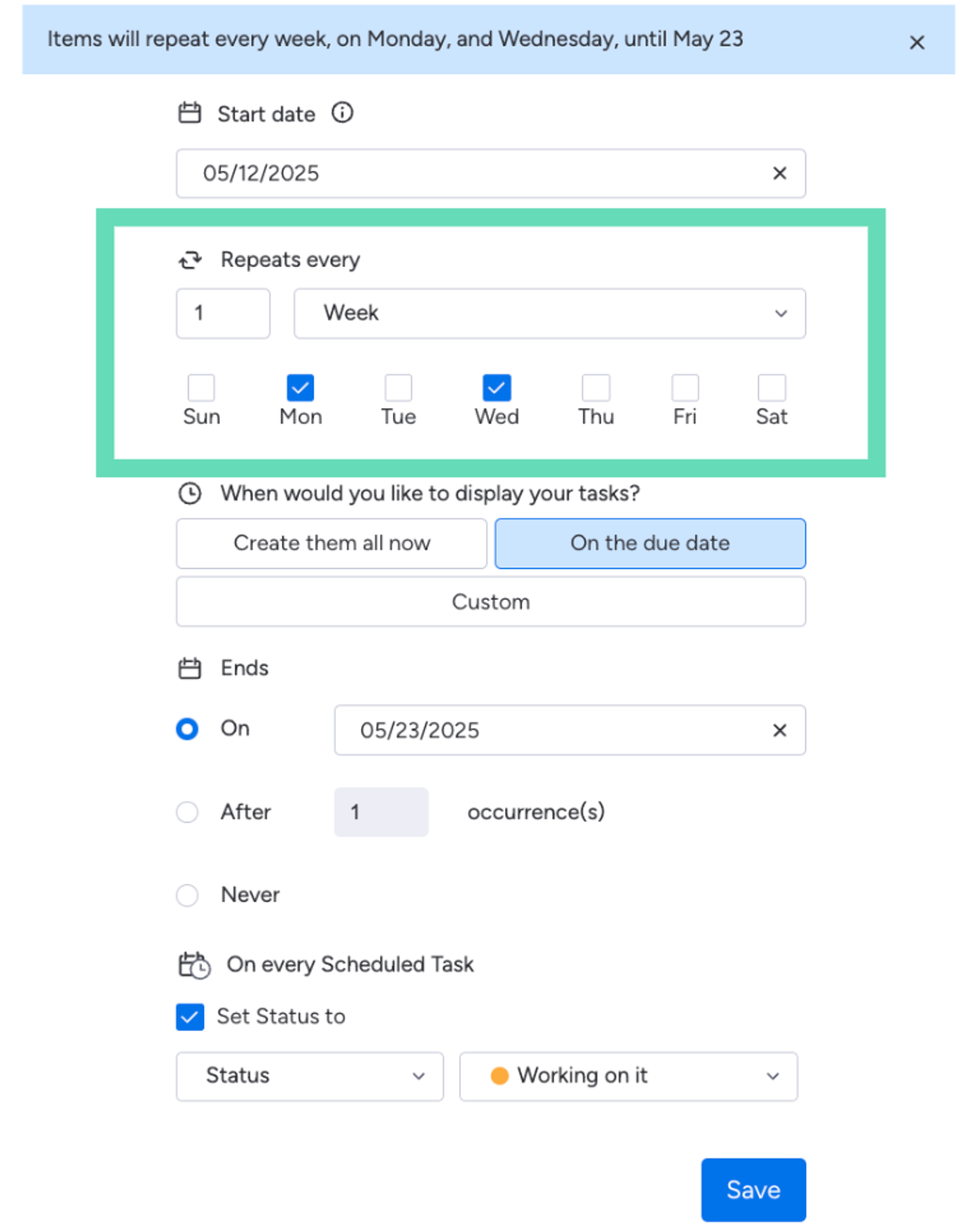 Screenshot showing how to set the schedule using Recurring Tasks for monday.com.