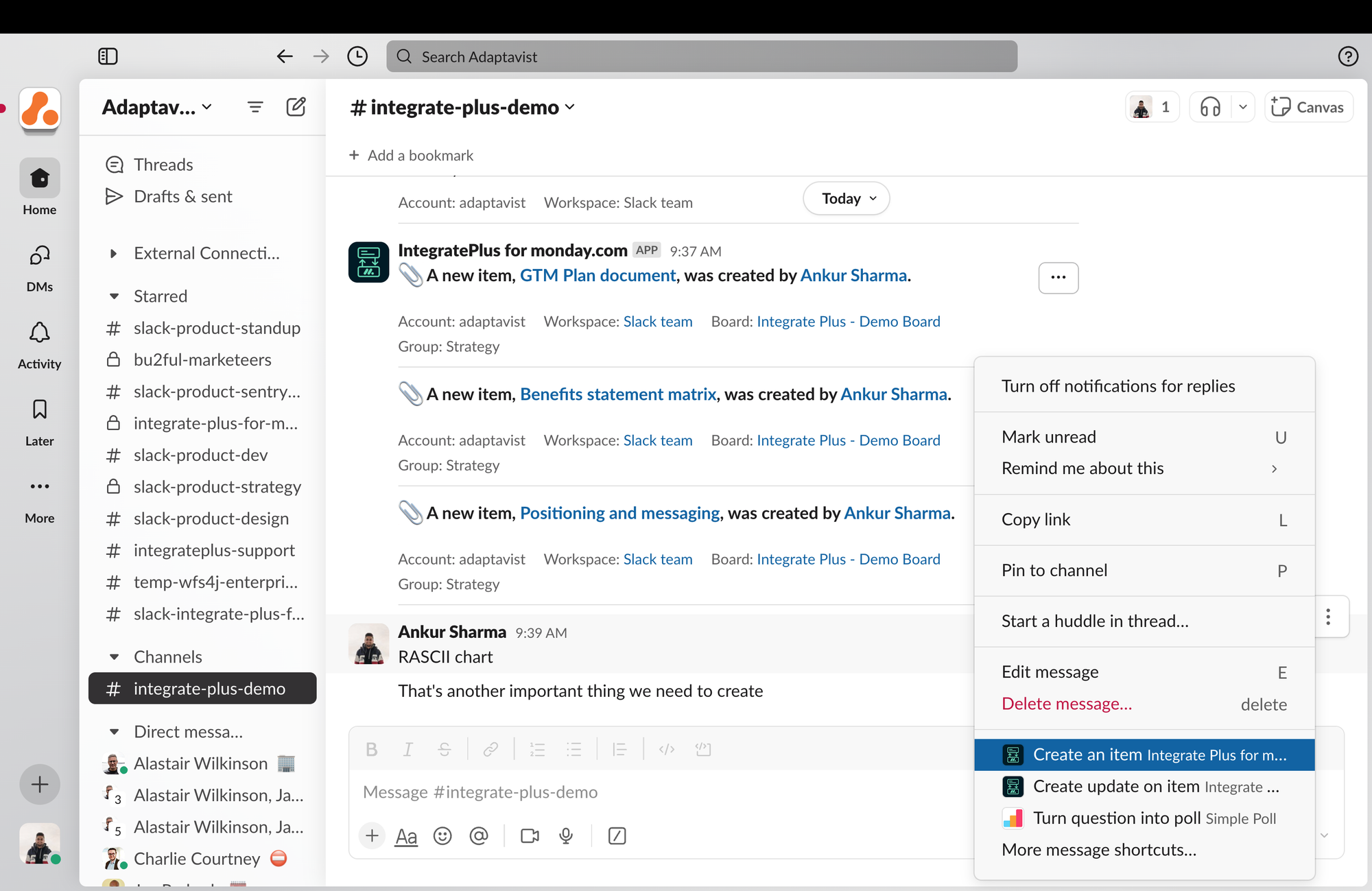Screenshot of the Integrate Plus in Slack showing how to turn on notifications
