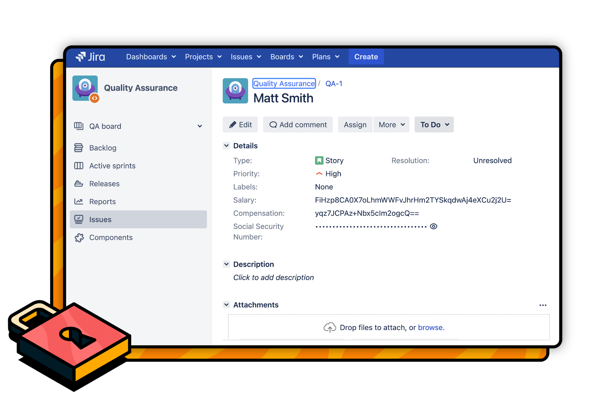 A Jira issue showing encrypted fields