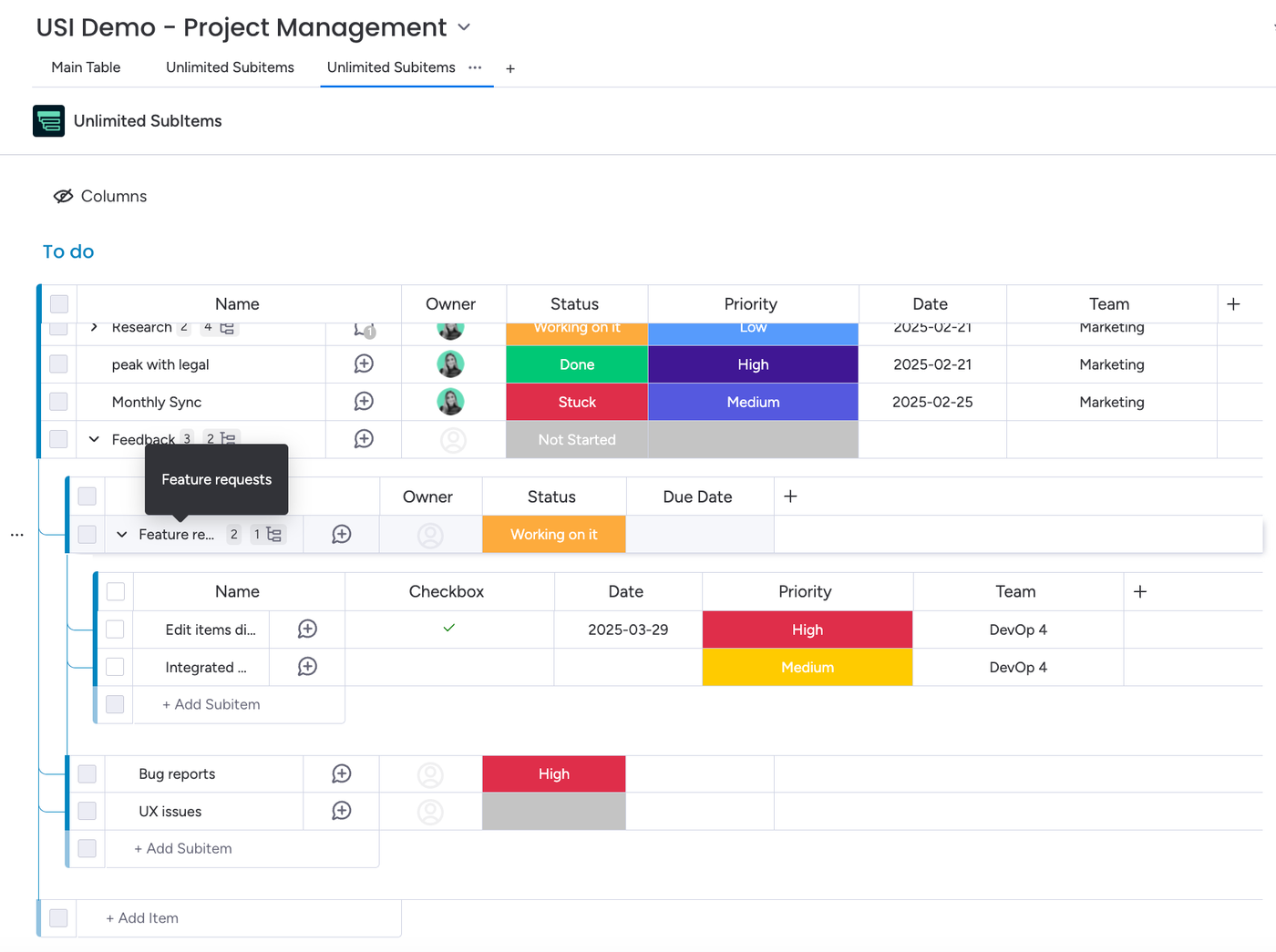 Screenshot showing how to break down monday.com product management feedback using Unlimited Subitems.