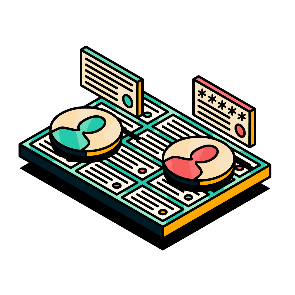An illustration of a Jira board with two profile icons overlaid on top and two work items, one with encrypted information on