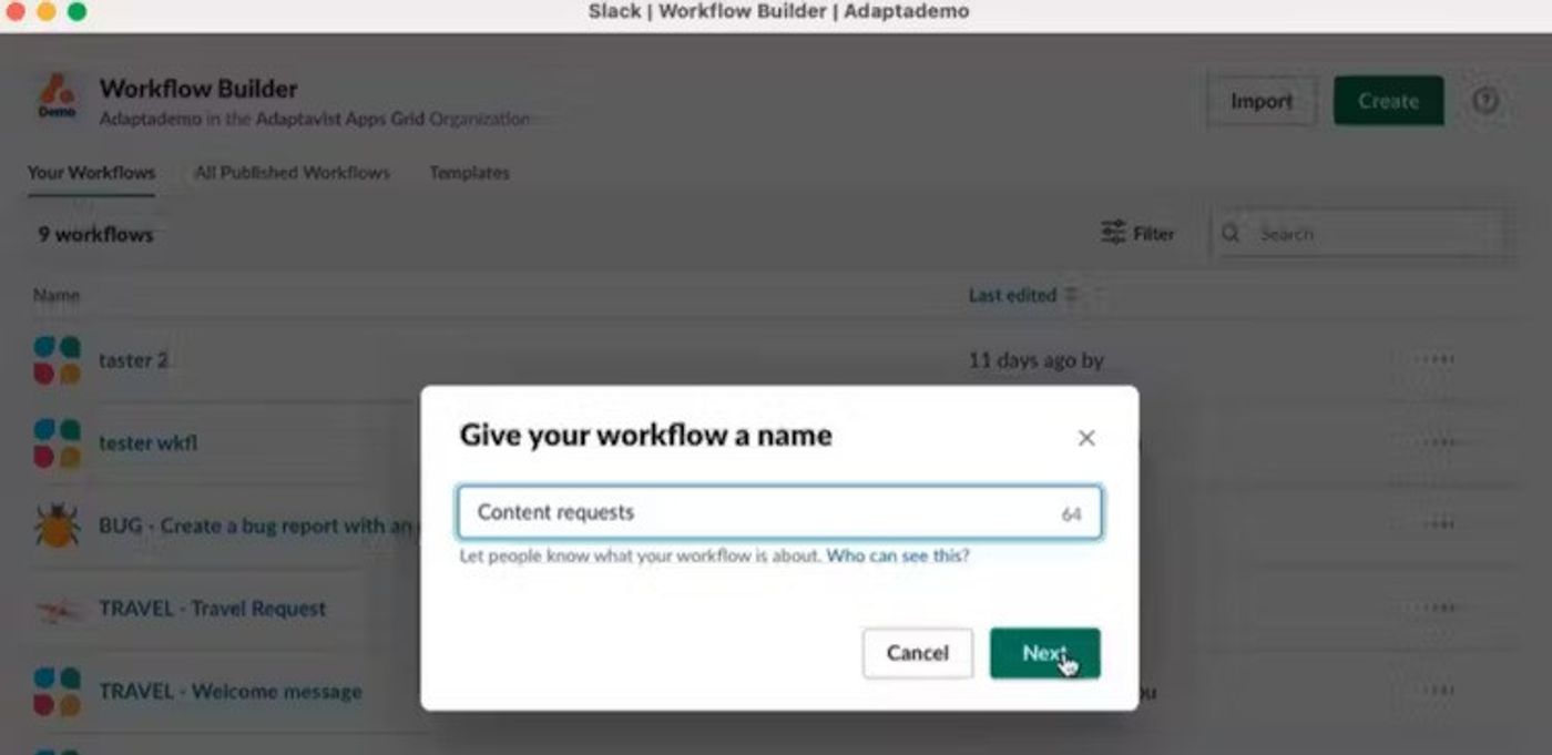 Screenshot showing how to name your workflow in the Slack Workflow Builder.