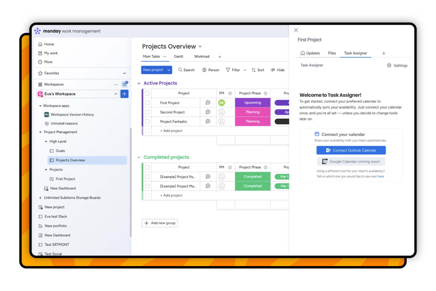 Screenshot showing Task Assigner for monday.com's calendar integration.