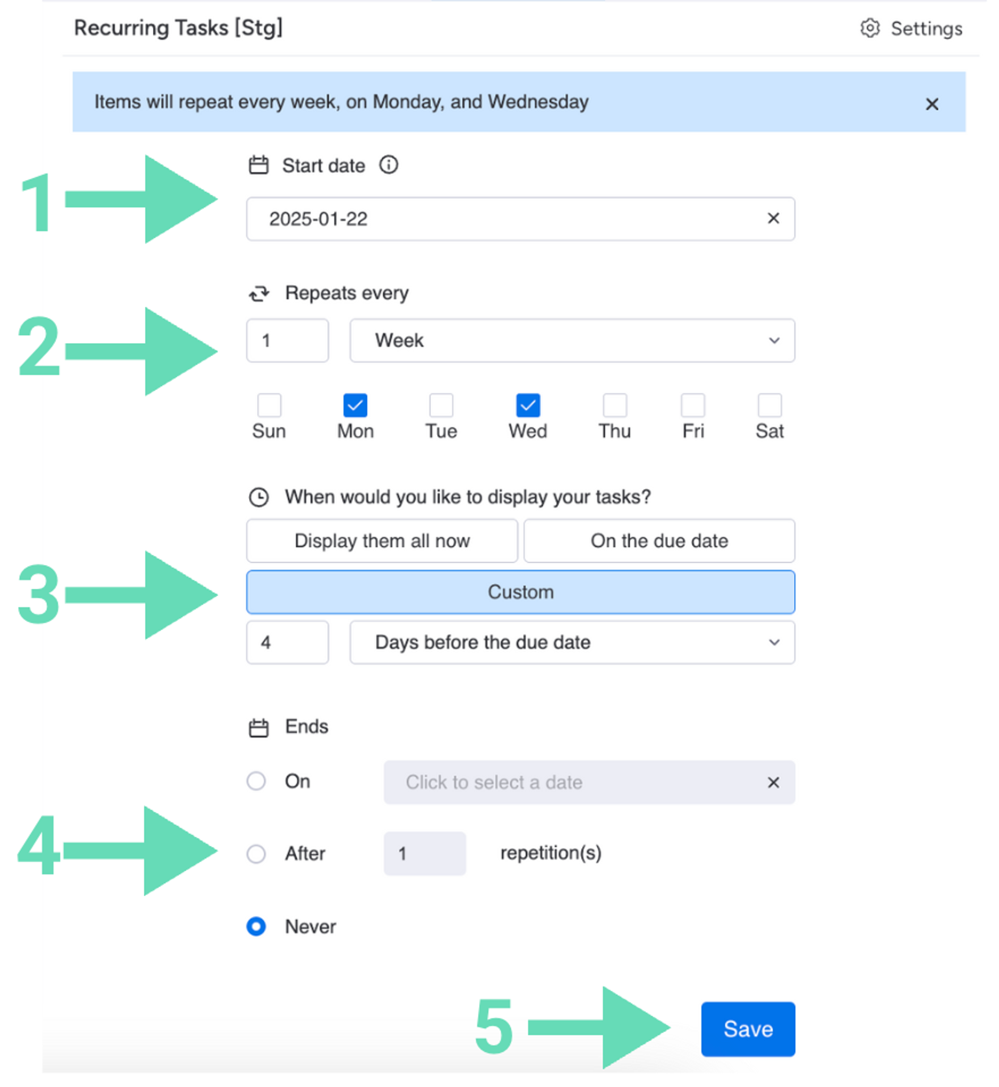 Screenshot 1 showing the new Automatic Scheduling feature for Recurring Tasks for monday.com.