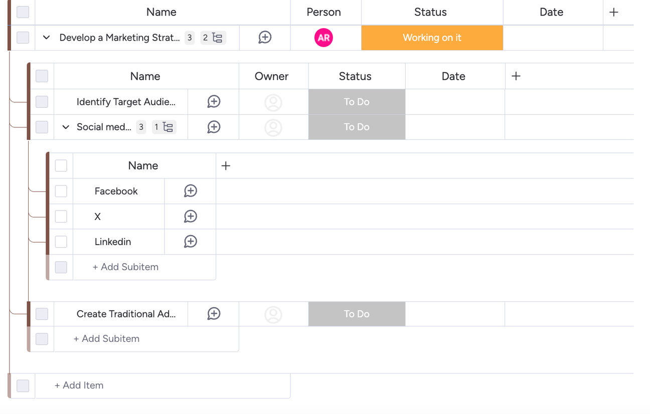 Screenshot showing Unlimited Subitems on a monday.com project management board.