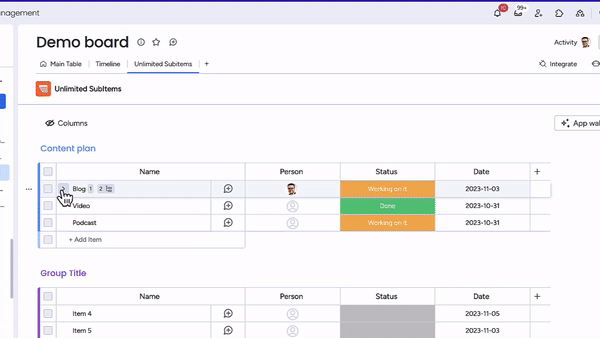 GIF showing how to assign tasks to people in monday.com content management.