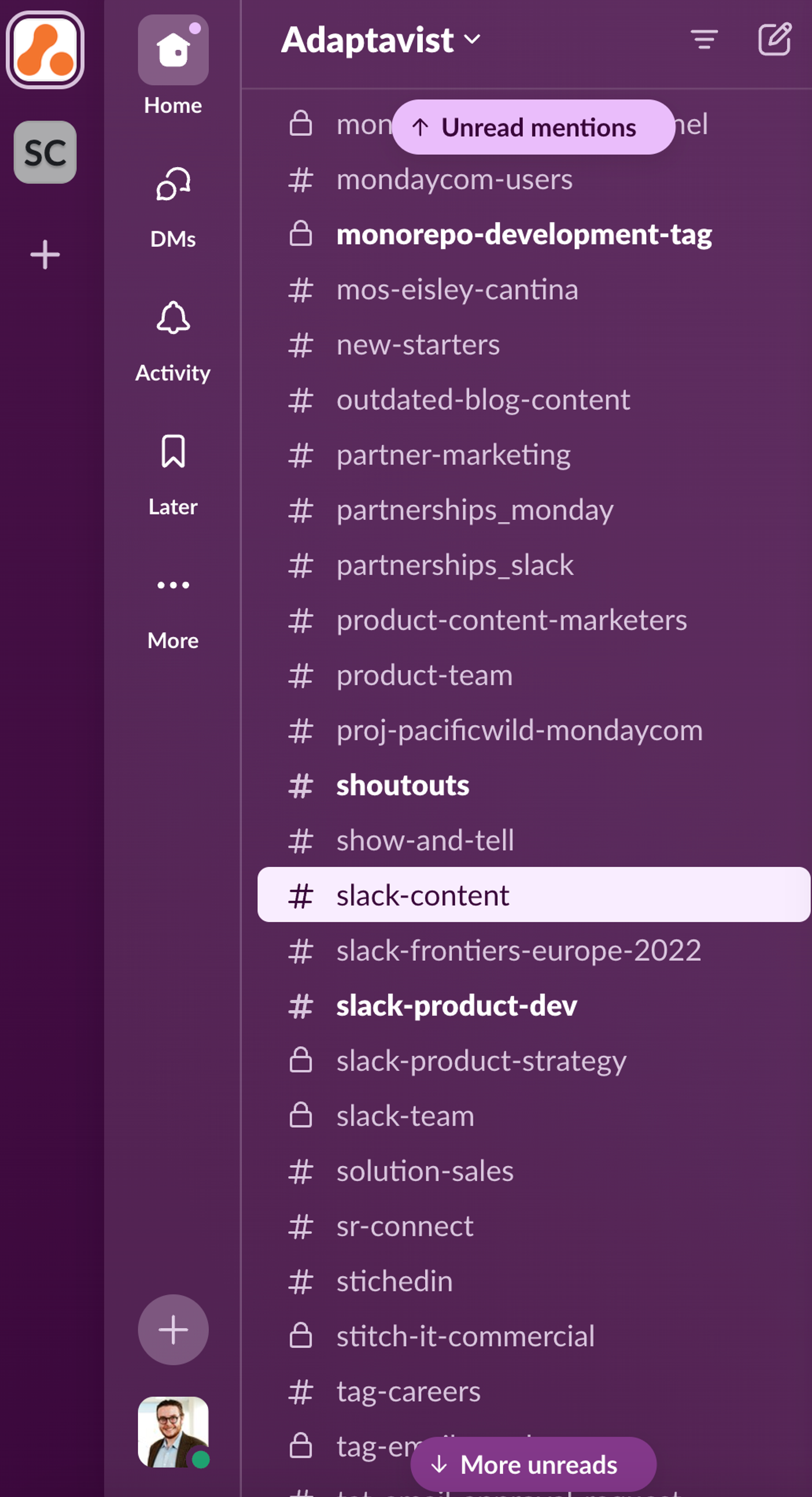 Screenshot showing Slack channels in the side bar.