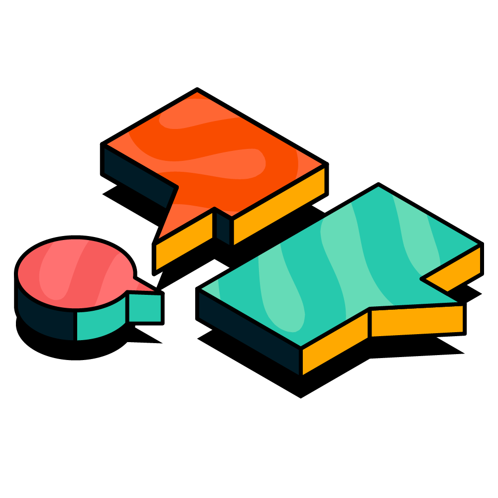 Three illustrated speech bubbles in green, red, and orange