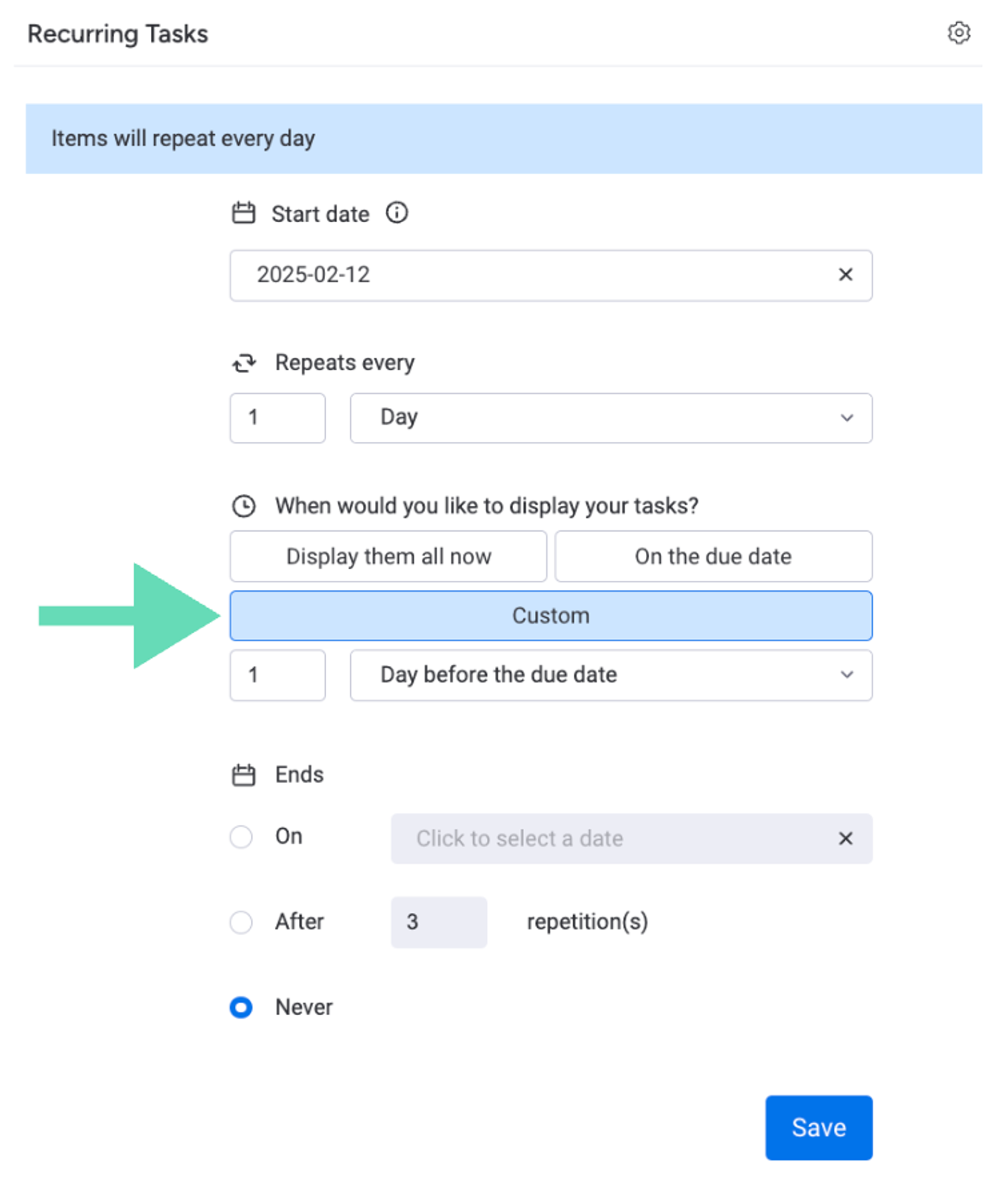 Screenshot showing the new Custom Scheduling feature in Recurring Tasks for monday.com.