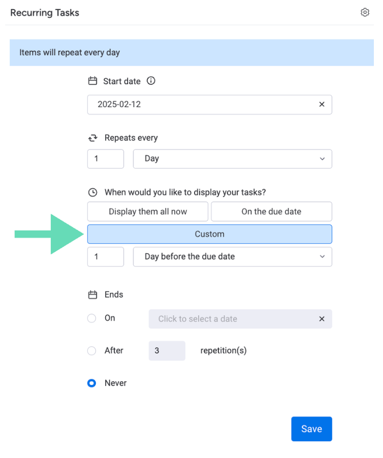 Screenshot showing how to create a recurring tasks with automatic scheduling 