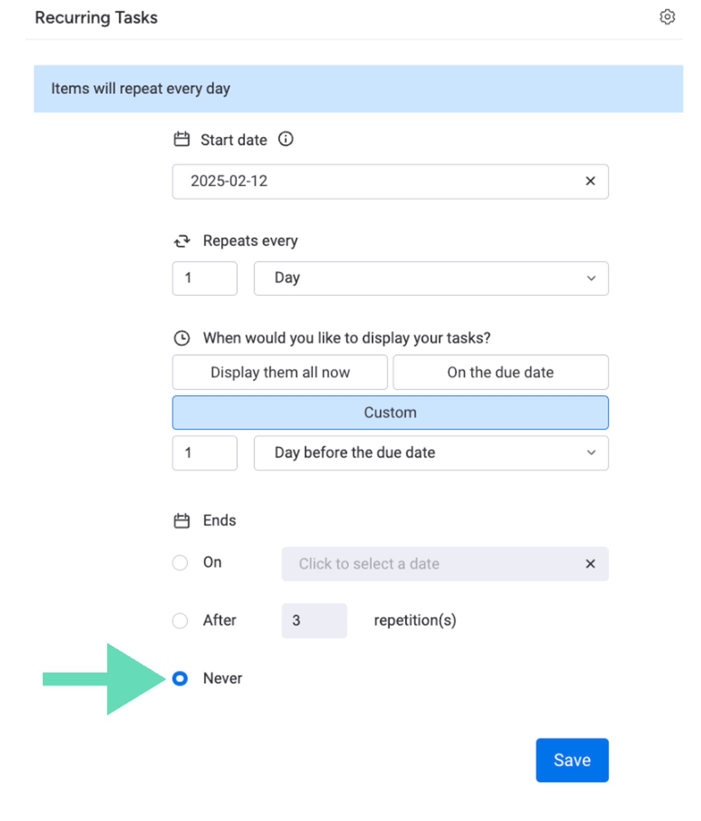 Screenshot showing the new Never-End Scheduling feature in Recurring Tasks for monday.com.