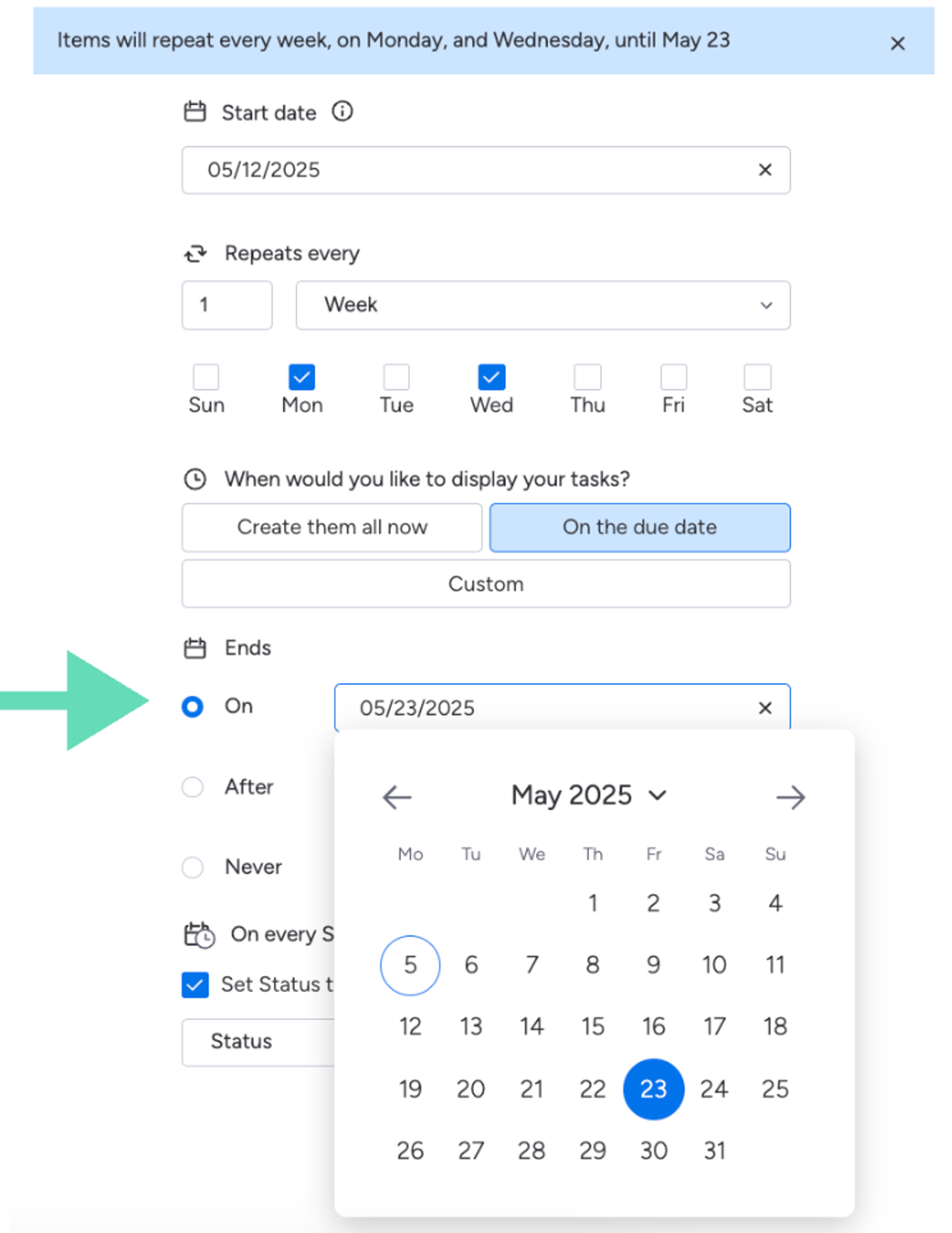 Screenshot showing how to set an end date using Recurring Tasks for monday.com.