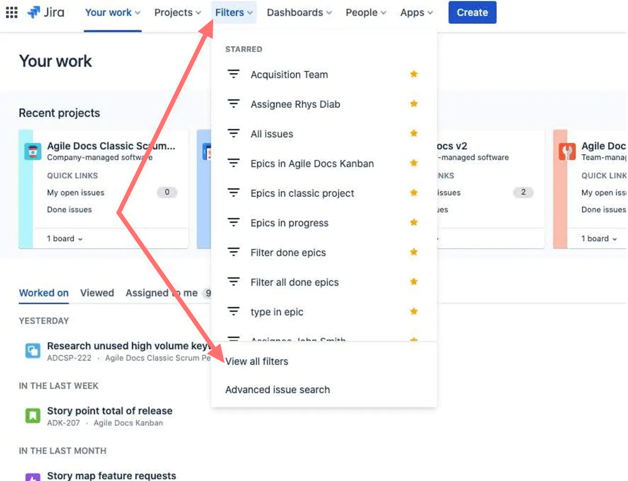 Screenshot of Jira's 'all filters' settings.