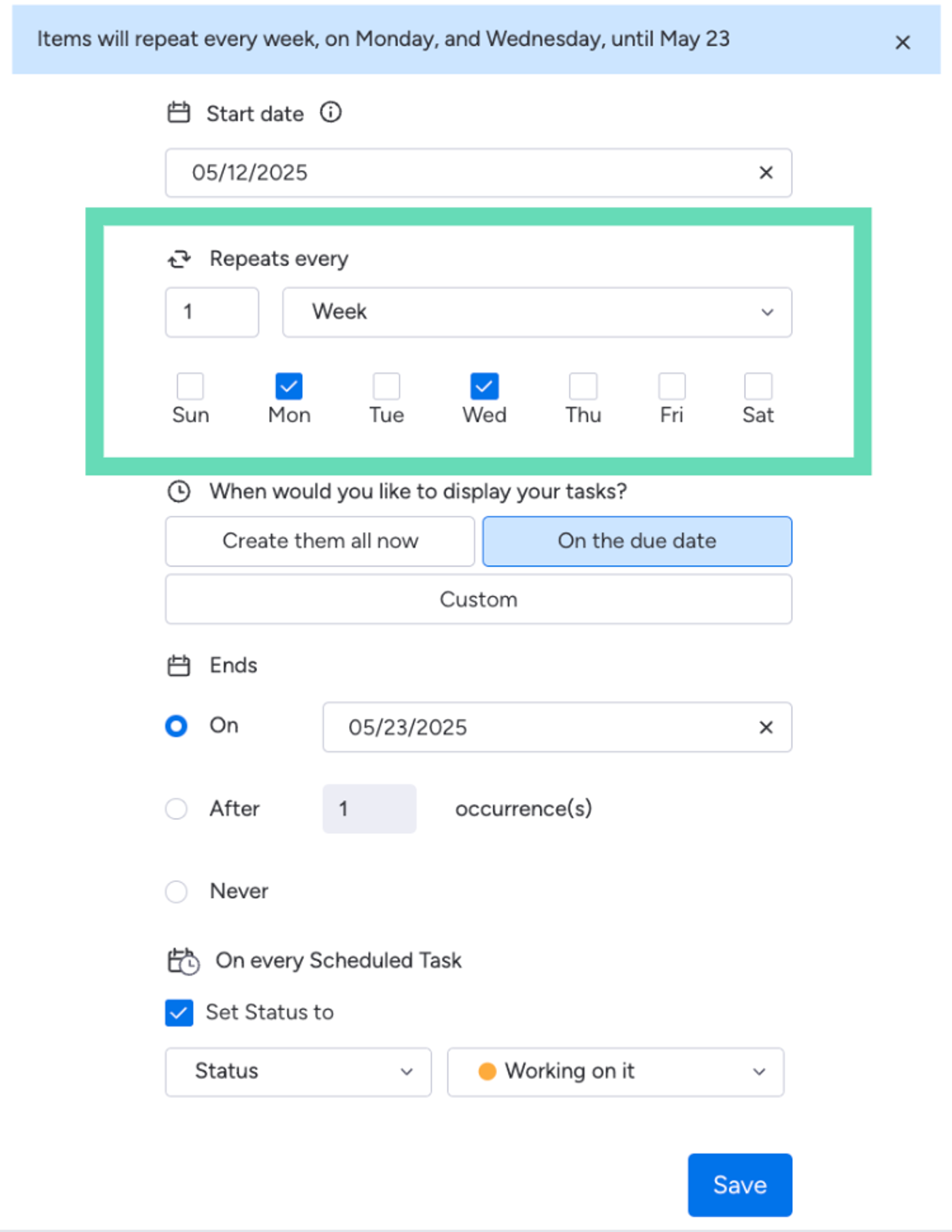 How to select the schedule for a recurring task