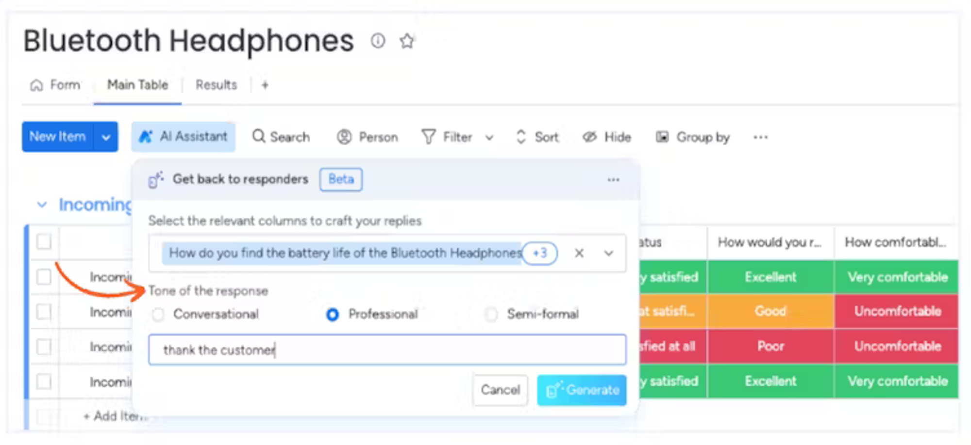 Screenshot showing how to select the chosen tone of voice for your responses using Smart Forms for monday.com.