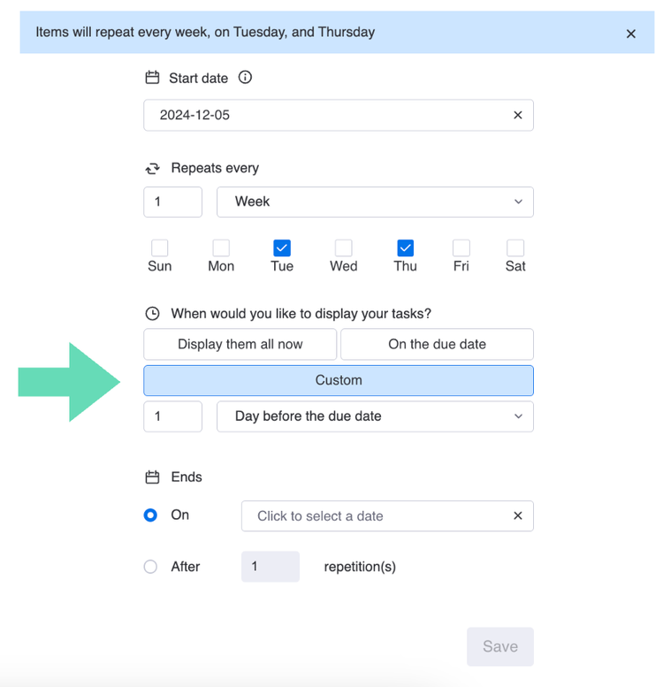 Screenshot showing how to create a recurring tasks with automatic scheduling 