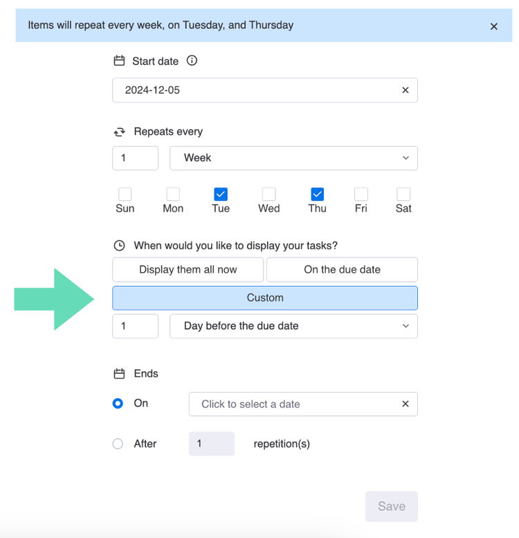 Screenshot showing how to create a recurring tasks with automatic scheduling