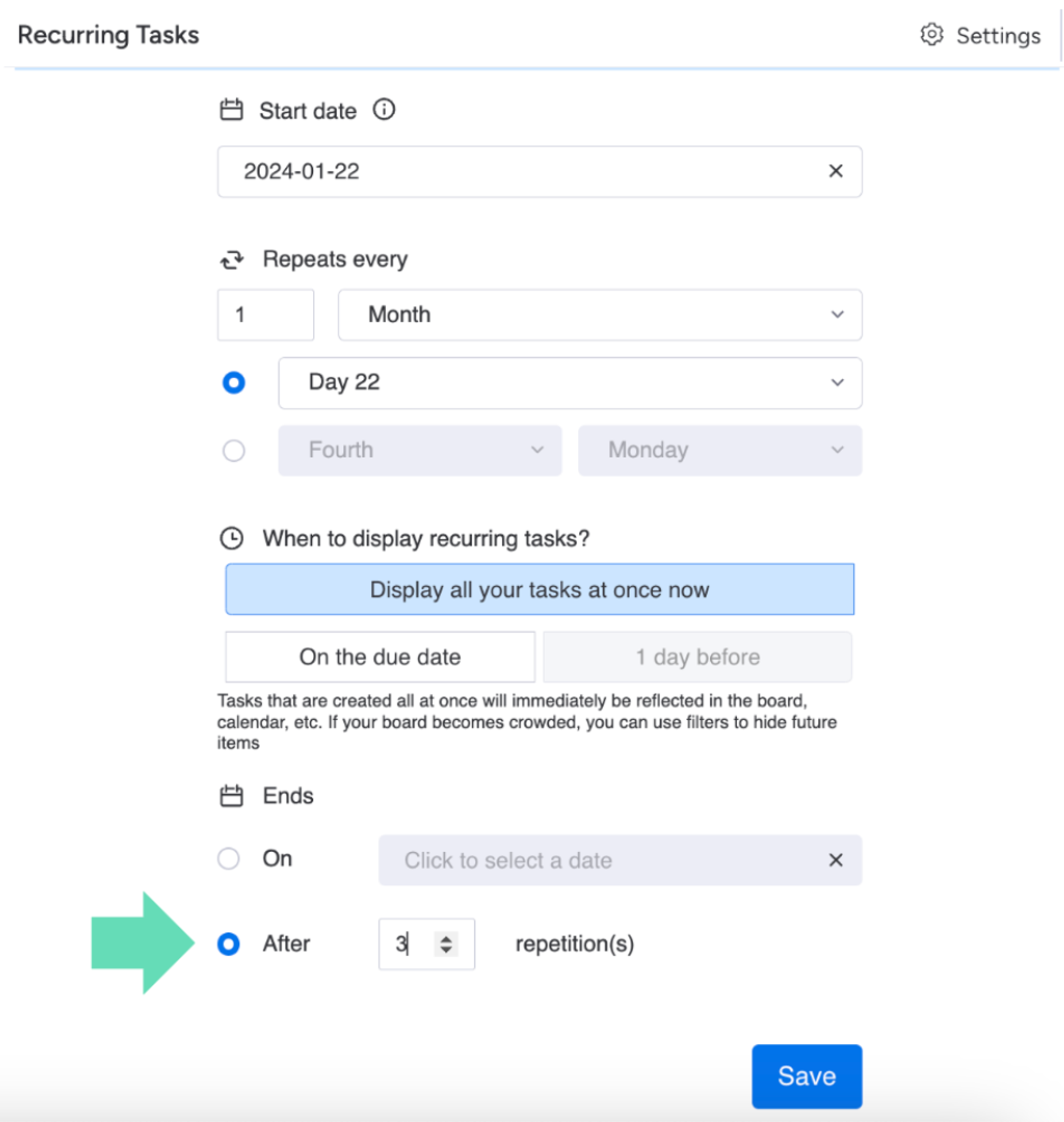 `Screenshot showing how to set an end date by number of repetitions in Recurring Tasks for monday.com.