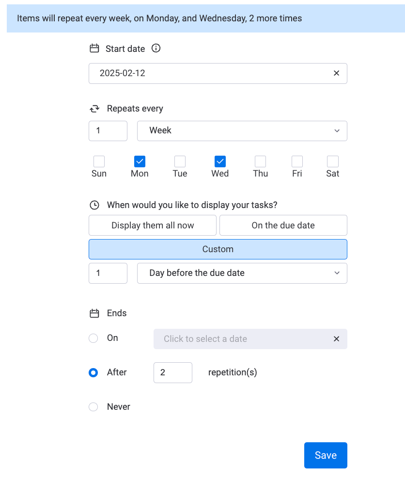 Screenshot showing how to create bi-weekly recurring patterns in monday.com