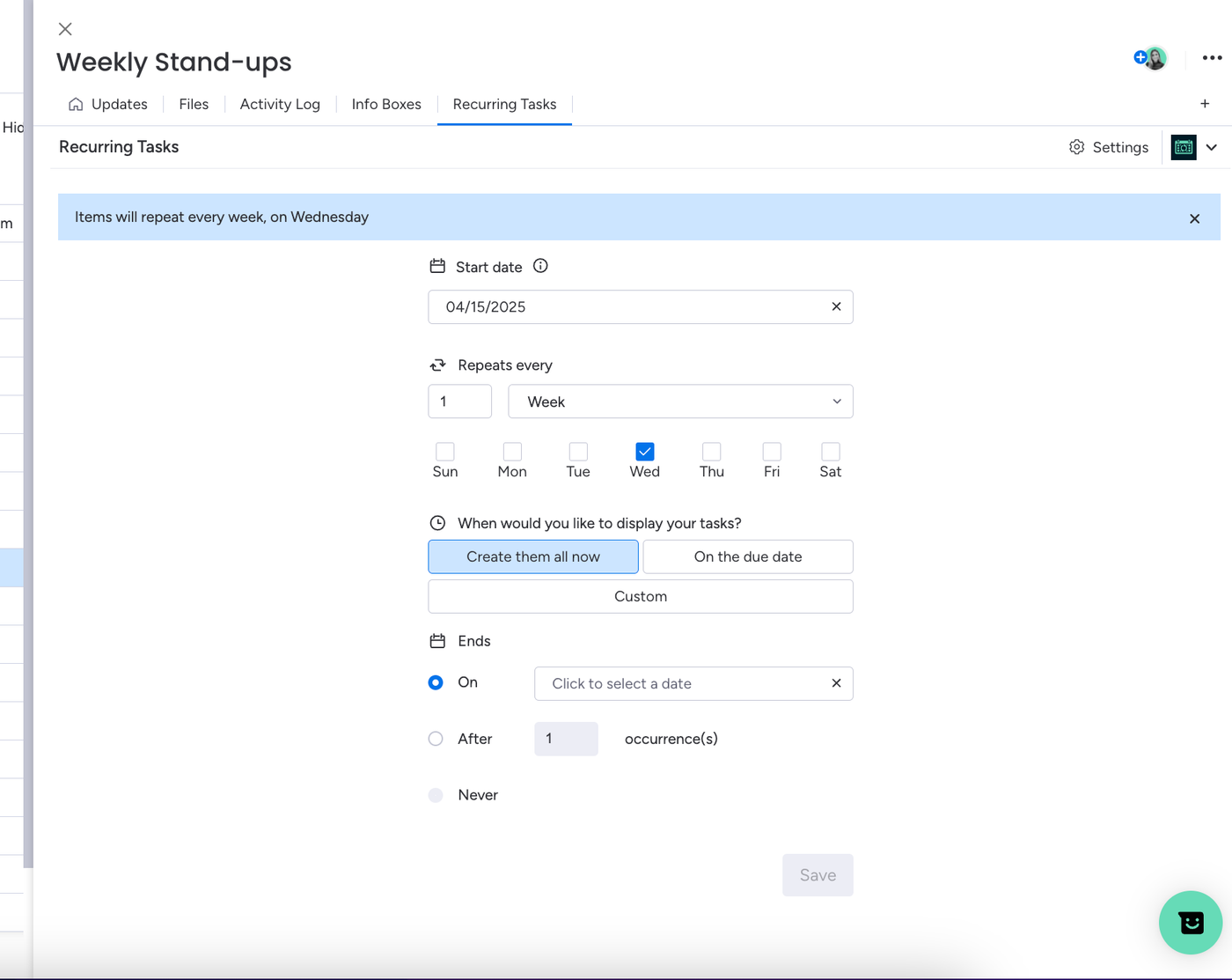 Step 2 showing how to set up Recurring Tasks for monday.com product management.